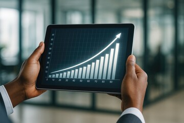 Poster - Businessman reviewing positive financial growth chart on tablet