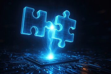 Poster - Digital puzzle pieces connecting on circuit board
