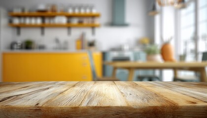 Aufkleber - Featuring an empty wooden table set in a modern kitchen, offering an ideal backdrop for product placement and stylish displays