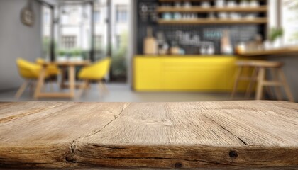 Poster - Rustic wooden tabletop perfect for product display, set against a blurred modern kitchen backdrop with yellow furniture, creating an inviting space