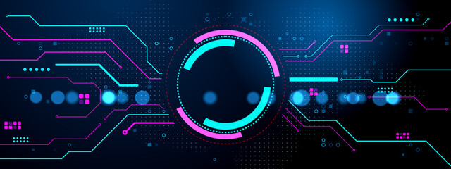 Fototapete - Futuristic neon blue and pink user interface background with glowing circuit elements on a dark modern digital tech concept backdrop template. 3D Rendering