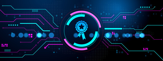 Fototapete - Abstract neon blue digital background with award badge interface, modern glowing circuit elements on dark template design concept backdrop. 3D Rendering