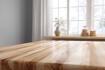 Aufkleber - Empty wooden tabletop counter is ready for product display in a bright interior with window and blurred background