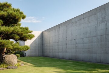 Aufkleber - Large concrete wall stands tall in a Japanese style garden, creating a striking contrast between nature and modern architecture