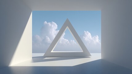 Poster - Minimalist white room with an opening shaped like a triangle framing a cloudy sky, creating long shadows on the floor