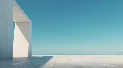 Poster - Empty terrace overlooking the ocean, featuring a concrete frame casting shadows on the tiles, creating a serene and minimalist atmosphere