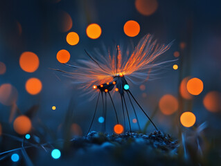 Poster - Glowing dandelion seed macro with bokeh lights creates dreamy atmosphere