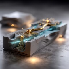 Poster - Abstract Neuron in Sculpted Block: Teal and Gold Digital Rendering