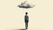 © Elena - A man standing under a rain cloud in a thoughtful mood in a surreal and minimalistic setting. Loneliness and depression.