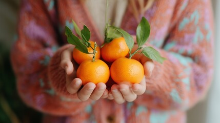 Poster - Woman holds fresh oranges with green leaves in her hands during a sunny indoor moment