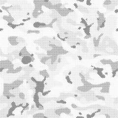 Poster - Abstract halftone seamless camouflage pattern. Repeating digital dotted hexagonal camo military texture background. Abstract modern fabric textile ornament. Vector illustration.