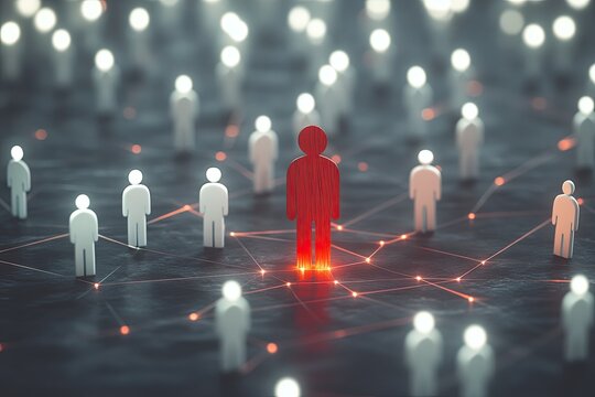 Red figure amidst many white figures connected by lines