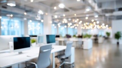 Poster - Modern office interior with blurred workspace featuring multiple computers and bright ambient lighting