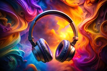 Poster - Headphones amidst vibrant swirls of color, a psychedelic symphony of sound and vision, blending music with abstract art in a modern design
