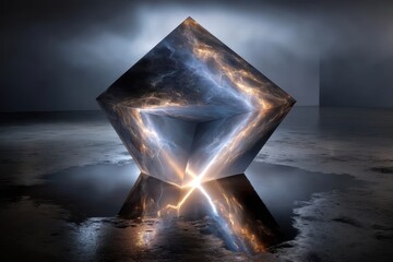 Poster - Abstract crystal sculpture reflecting light on a dark, mysterious surface