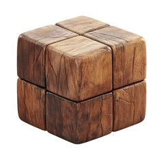 Poster - Geometric Artistry Rustic Wooden Cube Sculpture Interlocking Blocks Puzzle Nature Texture on transparent background