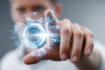 Leinwandbilder - Person interacting with a glowing holographic interface in a futuristic setting