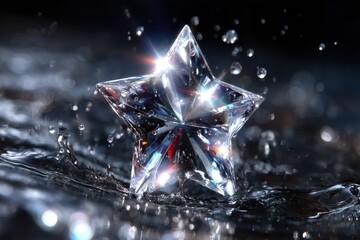 Poster - Sparkling star-shaped crystal splashes in clear water droplets at night