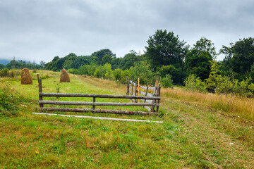 Wall Mural - rural field behind the wooden fence. countryside landscape in mountains on a rainy day. organic hays