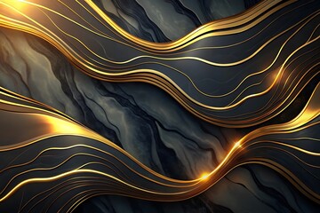 Poster - Elegant abstract background with flowing golden lines on a textured dark surface, creating a luxurious and modern design with a touch of glamour