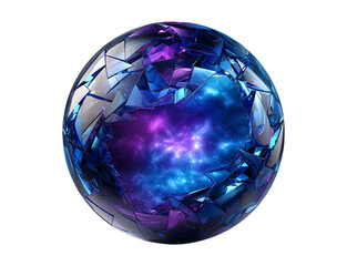3D rendering of an irregular geometric sphere made from iridescent glass with a blue and purple galaxy inside, isolated on a transparent background.