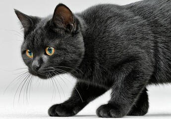 Poster - Alert Black Cat Prowling on White Backdrop, Illustrating Pet Ownership and Animal Companionship in a Modern Lifestyle : Generative AI