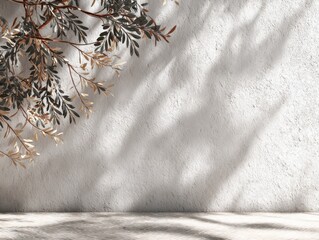 Poster - Olive Branch Against Textured White Wall in Natural Light, Ideal for Interior Design and Product Mockups With a Touch of Serenity and Wellness : Generative AI