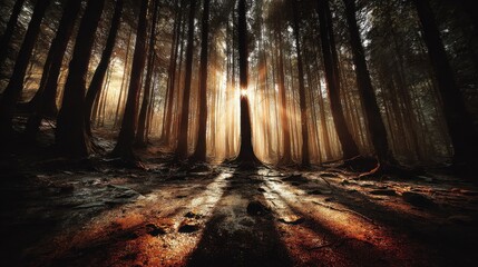 Poster - Sunlight Streaming Through Tall Trees in Forest, Evoking Serenity and a Sense of Natural Wonder for Travel and Ecotourism : Generative AI