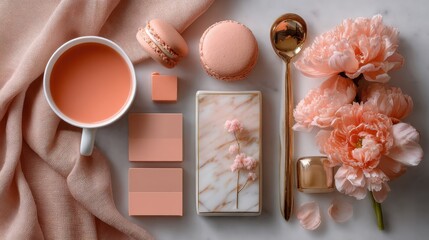 Poster - Elegant Still Life With Pink Peonies, Macarons, and Tea, Showcasing Femininity and Gentle Luxury for Lifestyle Branding and Product Placement : Generative AI