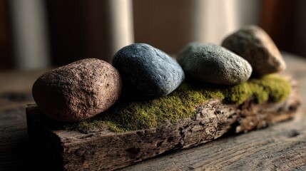 Poster - Zen Stones Balanced on Mossy Wood, Promoting Mindfulness and Wellness in a Natural Still Life for Meditation Practices and Spiritual Growth : Generative AI