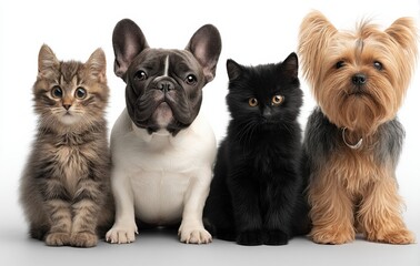 Poster - Group of Cats and Dogs Sitting Together on White Background, Promoting Pet Adoption and Animal Companionship, Showcasing Veterinary Care : Generative AI