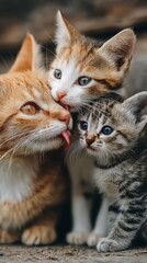 Poster - Ginger Cat Grooming Two Kittens, Representing Family Love and Pet Adoption : Generative AI