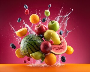 Poster - Colorful Fruits Suspended in Mid-Air With Splashing Water, Showcasing Freshness and Healthy Eating for Food Advertising and Nutrition Campaigns : Generative AI