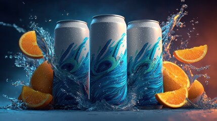 Poster - Three Aluminum Cans Surrounded by Sliced Oranges and Water Splashes, Showcasing Refreshment and Beverage Advertising : Generative AI
