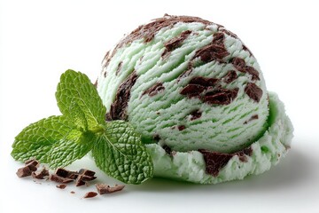 Poster - Mint Chocolate Chip Ice Cream Scoop With Fresh Mint Leaves, Representing Refreshment and Summer Indulgence, Perfect for Food Bloggers and Culinary Enthusiasts : Generative AI