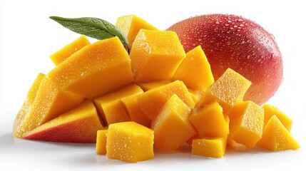 Poster - Fresh Mango Chunks and Whole Fruit on White Background, Showcasing Healthy Eating and Tropical Flavors for Recipe Inspiration : Generative AI