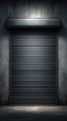 Poster - Closed Metal Rolling Door in Dark Room, Representing Security and Protection, Ideal for Industrial Solutions and Urban Exploration : Generative AI
