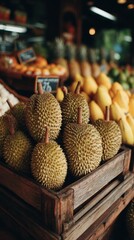Poster - Durian Fruits in Wooden Crate at Market, Showcasing Exotic Food and Culinary Tourism With Focus on Fresh Produce and Healthy Eating : Generative AI