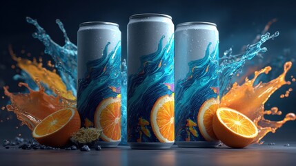 Poster - Refreshing Orange Soda Cans With Splashing Water, Showcasing Beverage Marketing and Product Presentation for Summer Advertising Campaigns : Generative AI