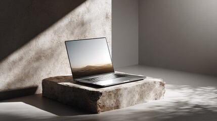 Poster - Laptop Displaying Desert Landscape on Stone Platform, Illustrating Digital Nomad Lifestyle and Remote Work Opportunities, Ideal for Tech Product Presentation : Generative AI