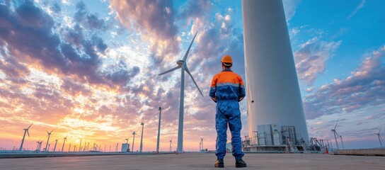 Aufkleber - Wind Farm Engineer Inspecting Turbines at Sunset, Representing Sustainable Energy and Infrastructure Investment : Generative AI