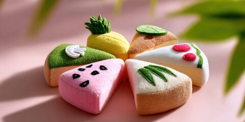 Aufkleber - Pastel Felt Food Slices Arranged in Circle, Representing Childhood Play and Creative Learning for Kids' Crafts Projects : Generative AI