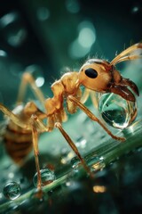 Poster - Ant Carrying Water Droplet on Leaf in Macro View, Showcasing Precision and the Wonders of Nature Photography : Generative AI