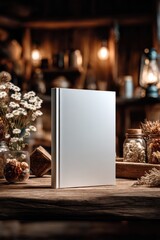 Poster - Blank Silver Book Cover on Rustic Wooden Table With Dried Flowers, Ideal for Product Mockup and Creative Storytelling : Generative AI