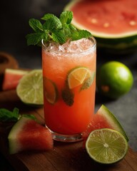 Aufkleber - Refreshing Watermelon Cocktail with Lime and Mint, Perfect for Summer Relaxation and Healthy Lifestyle Choices, Ideal for Food and Beverage Advertising : Generative AI