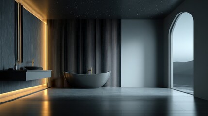 Aufkleber - Elegant Bathroom Interior With Bathtub and Starry Ceiling, Showcasing Modern Luxury and Serene Relaxation for Home Improvement Projects : Generative AI
