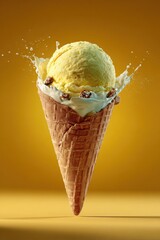 Aufkleber - Vanilla Ice Cream Cone with Nuts and Milk Splash on Yellow Background, Representing Summer Indulgence and Sweet Treat Marketing : Generative AI