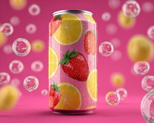 Poster - Refreshing Strawberry Lemon Soda Can With Bubbles, Ideal for Beverage Marketing and Summer Promotions : Generative AI