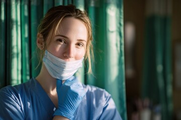 Poster - Smiling Nurse Wearing a Mask and Gloves in Hospital Setting, Representing Healthcare Professionalism and Medical Innovation During Pandemic : Generative AI