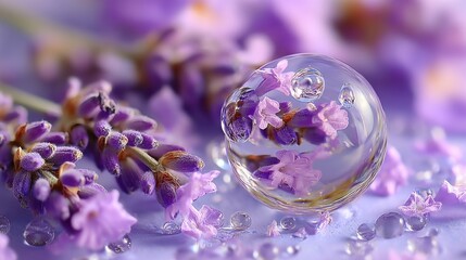 Poster - Lavender Flowers Reflected in Glass Sphere, Representing Aromatherapy and Natural Wellness in a Spa Setting With a Calming Effect : Generative AI